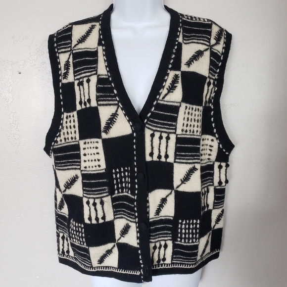 Northern Isles Vtg 100% Wool Women's Large Black Cream Vest Boho Arrow Patchwork - Picture 1 of 6